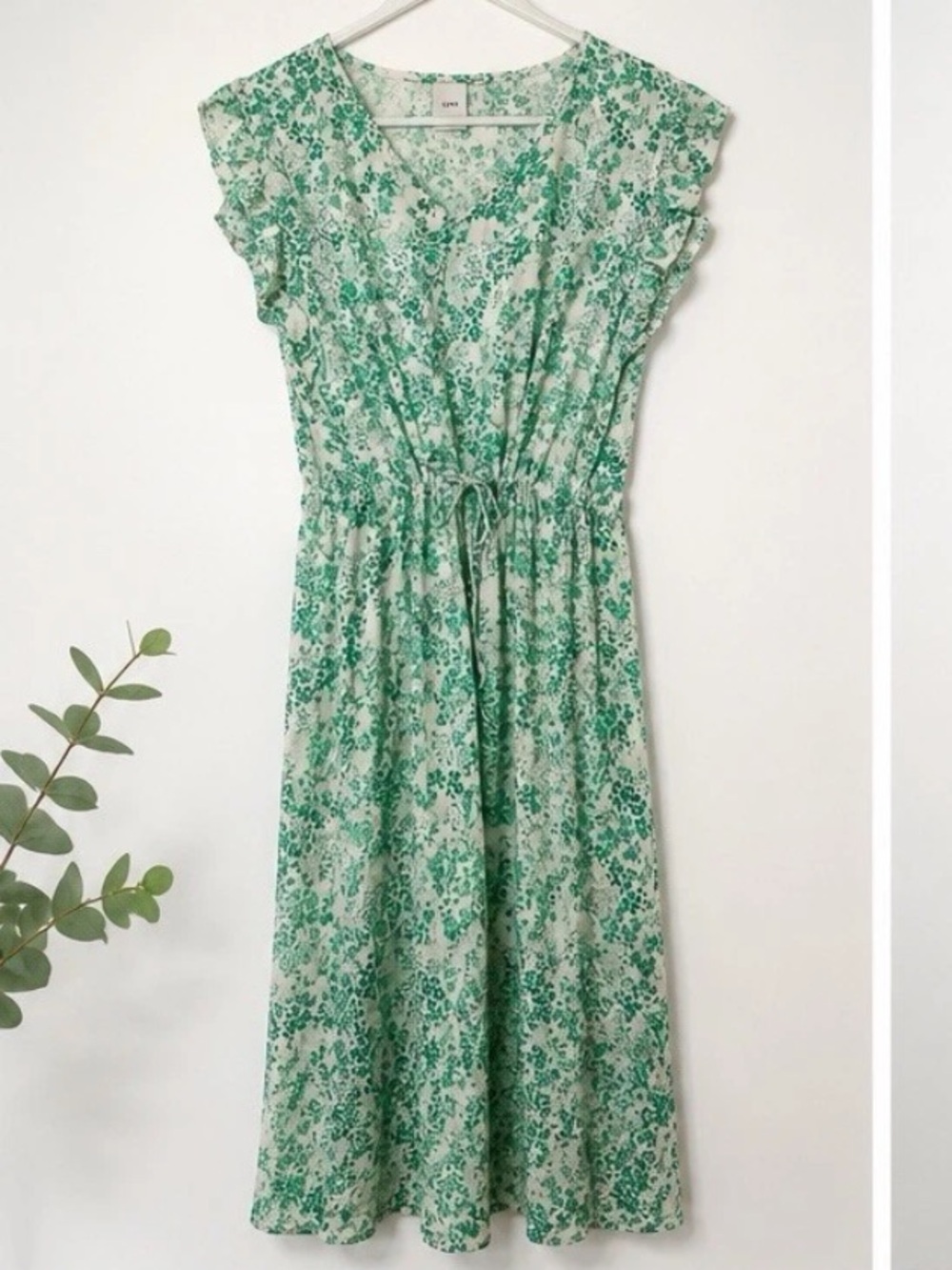 ICHI Green Floral Drawstring Waist Midi Dress